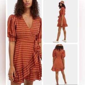 NWT Scotch And Soda Orange Striped Wrap Dress Ruffle Seersucker Summer Vacation